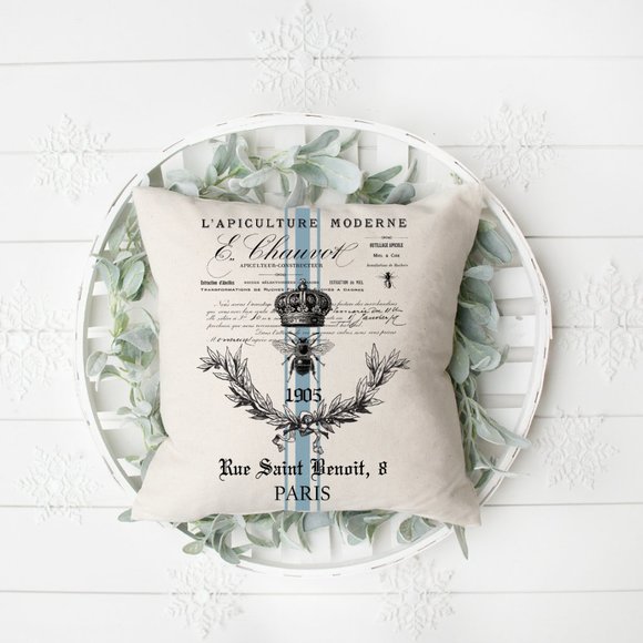 French Country Throw Pillow Cover, King Bee, Blue - Picture 2 of 4